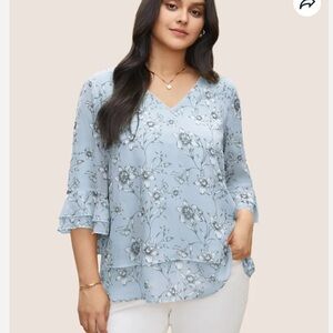 BloomChic Plus Size 2XL Daffodils Print Tiered Ruffle Sleeve Mesh Blouse us18-20
